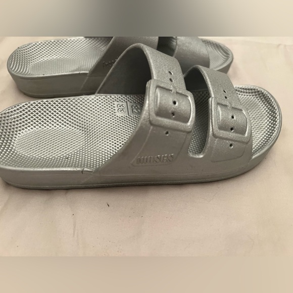 Silver slides. Girls sz 32/33. EUC - Picture 4 of 6